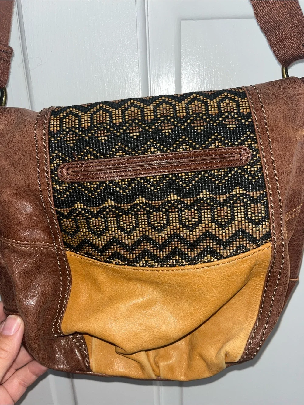 The Sak Deena Flap Brown & Mustard Leather Crossbody Bag with Woven Detail
